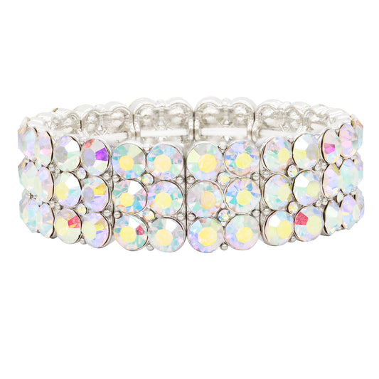 Lavencious Round Shape Rhinestone 3 Lines Stretch Bracelet Evening Party Jewelry 7” (Silver AB)