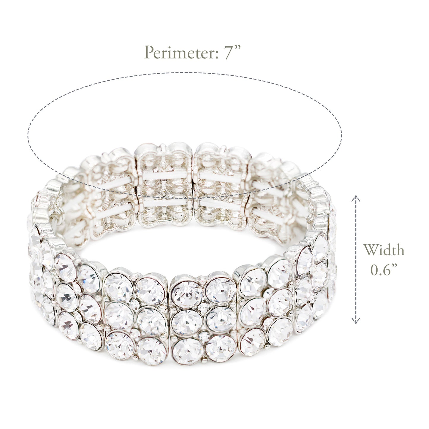 Lavencious Round Shape Rhinestone 3 Lines Stretch Bracelet Evening Party Jewelry 7” (Silver Clear)
