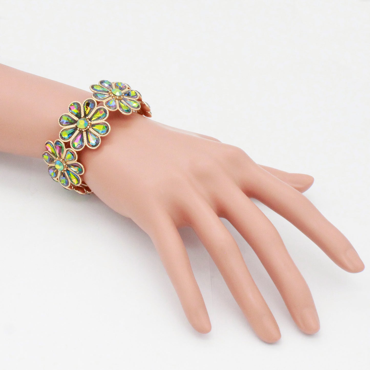 Lavencious Flower Shape Elastic Stretch Bracelet Party Jewelry for Women 7"(Green AB)