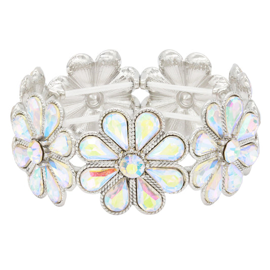 Lavencious Flower Shape Elastic Stretch Bracelet Party Jewelry for Women 7"(Silver AB)