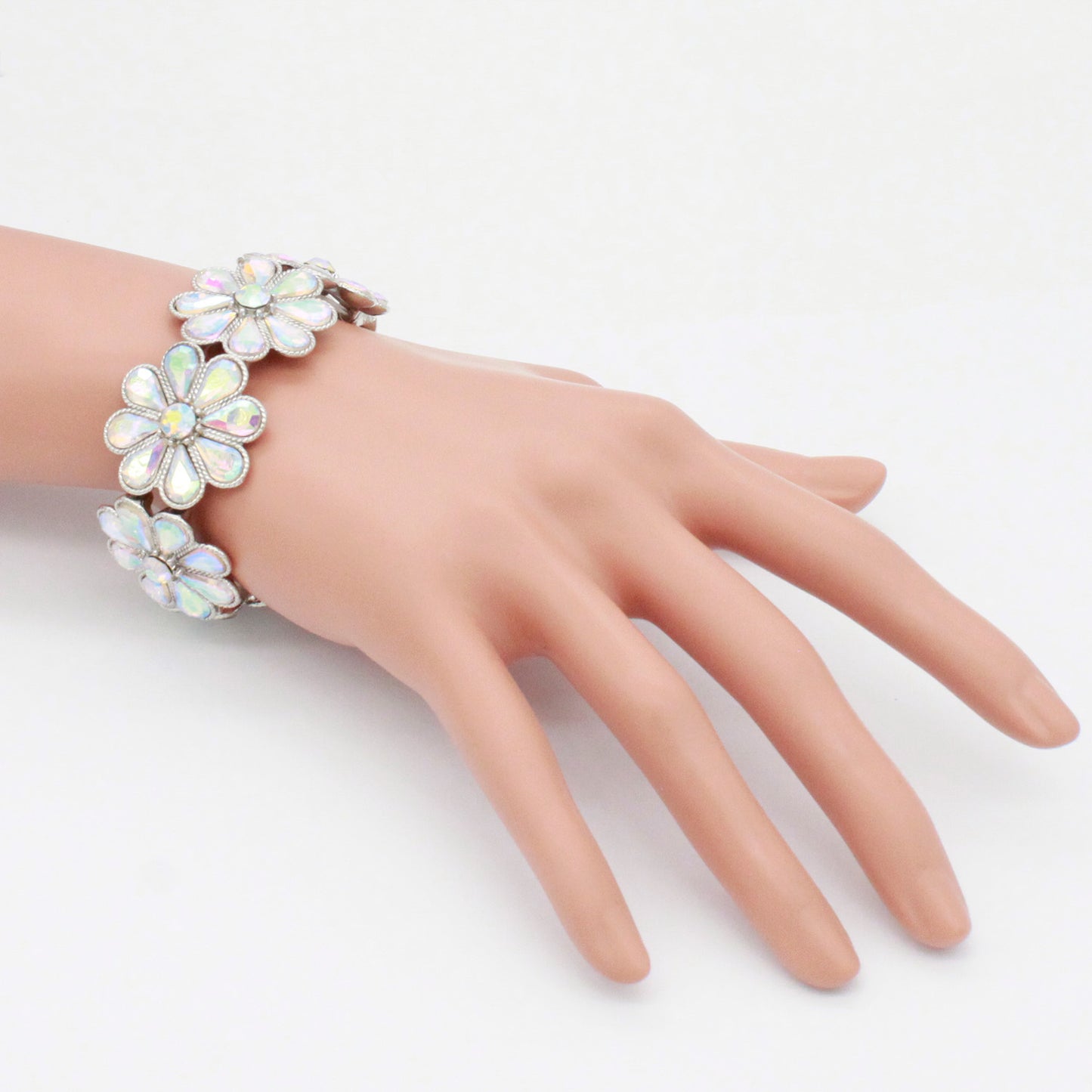 Lavencious Flower Shape Elastic Stretch Bracelet Party Jewelry for Women 7"(Silver AB)