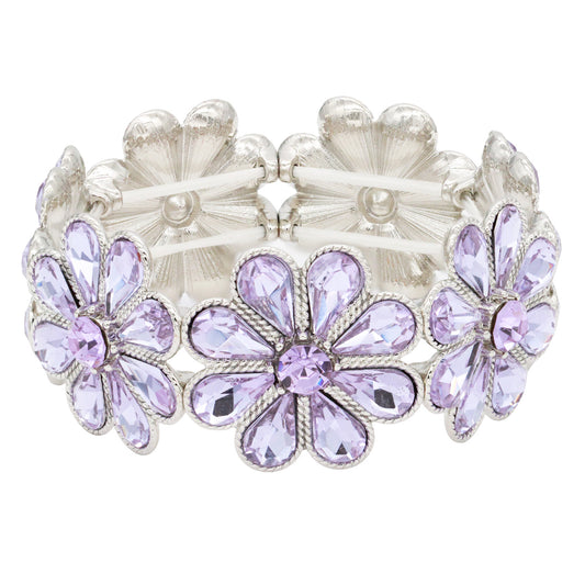 Lavencious Flower Shape Elastic Stretch Bracelet Party Jewelry for Women 7"(Silver Purple)