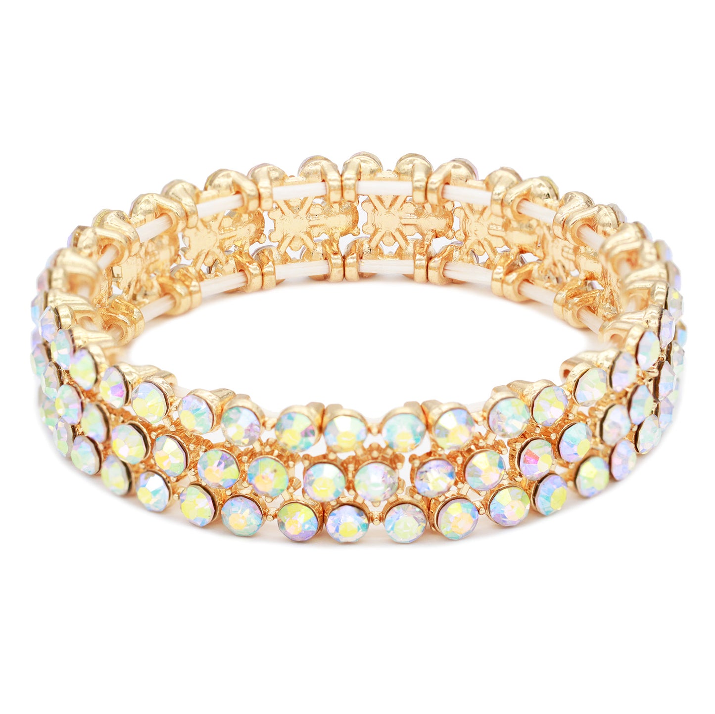 Lavencious Round Shape Rhinestones Thin 3 Rows Elastic Stretch Bracelet Party Jewelry for Women 7"(Gold AB)