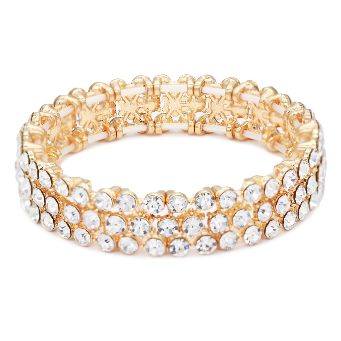 Lavencious Round Shape Rhinestones Thin 3 Rows Elastic Stretch Bracelet Party Jewelry for Women 7"(Gold Clear)