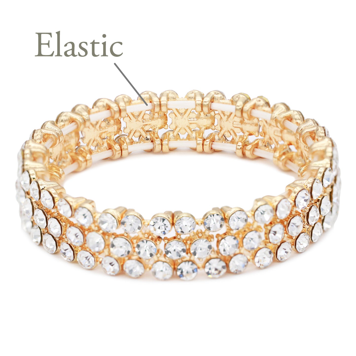 Lavencious Round Shape Rhinestones Thin 3 Rows Elastic Stretch Bracelet Party Jewelry for Women 7"(Gold Clear)