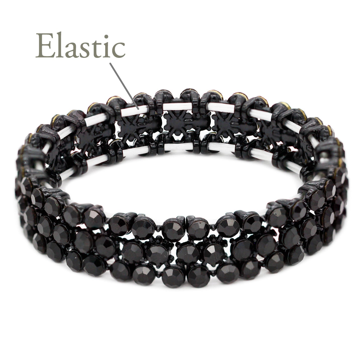 Lavencious Round Shape Rhinestones Thin 3 Rows Elastic Stretch Bracelet Party Jewelry for Women 7"(Black Jet)