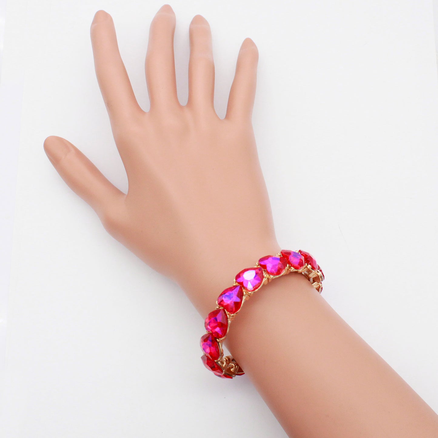 Lavencious Heart Shape Rhinestones Elastic Stretch Bracelet for Women (Gold Ruby)