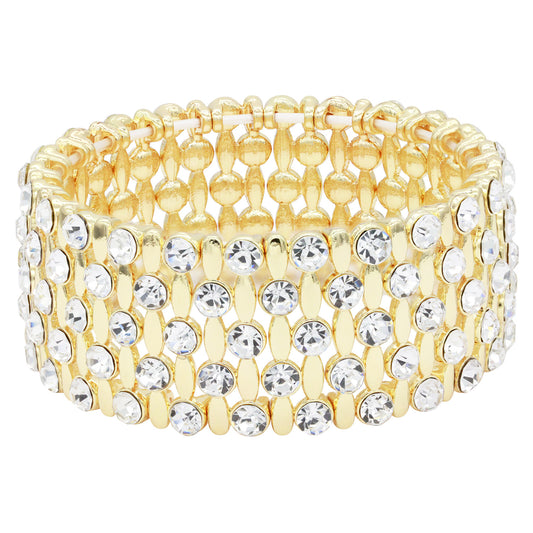 Lavencious Classic Design Elastic Stretch Bracelet Paved with Rhinestones Bridal Wedding Jewelry for Women 7"(Gold)