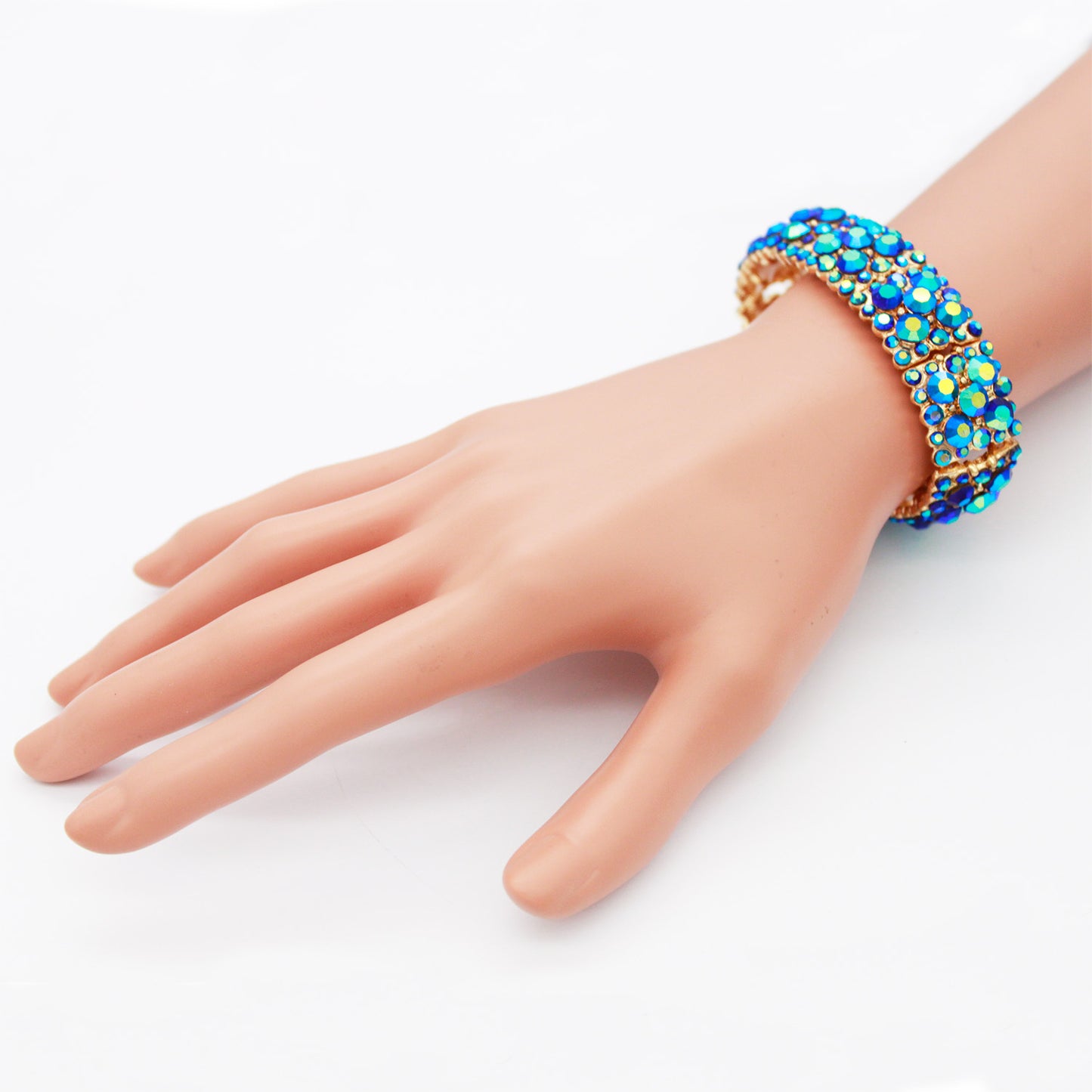 Lavencious Round Shape Rhinestones Elastic Stretch Bracelet Party Jewelry for Women 7"(Blue AB)