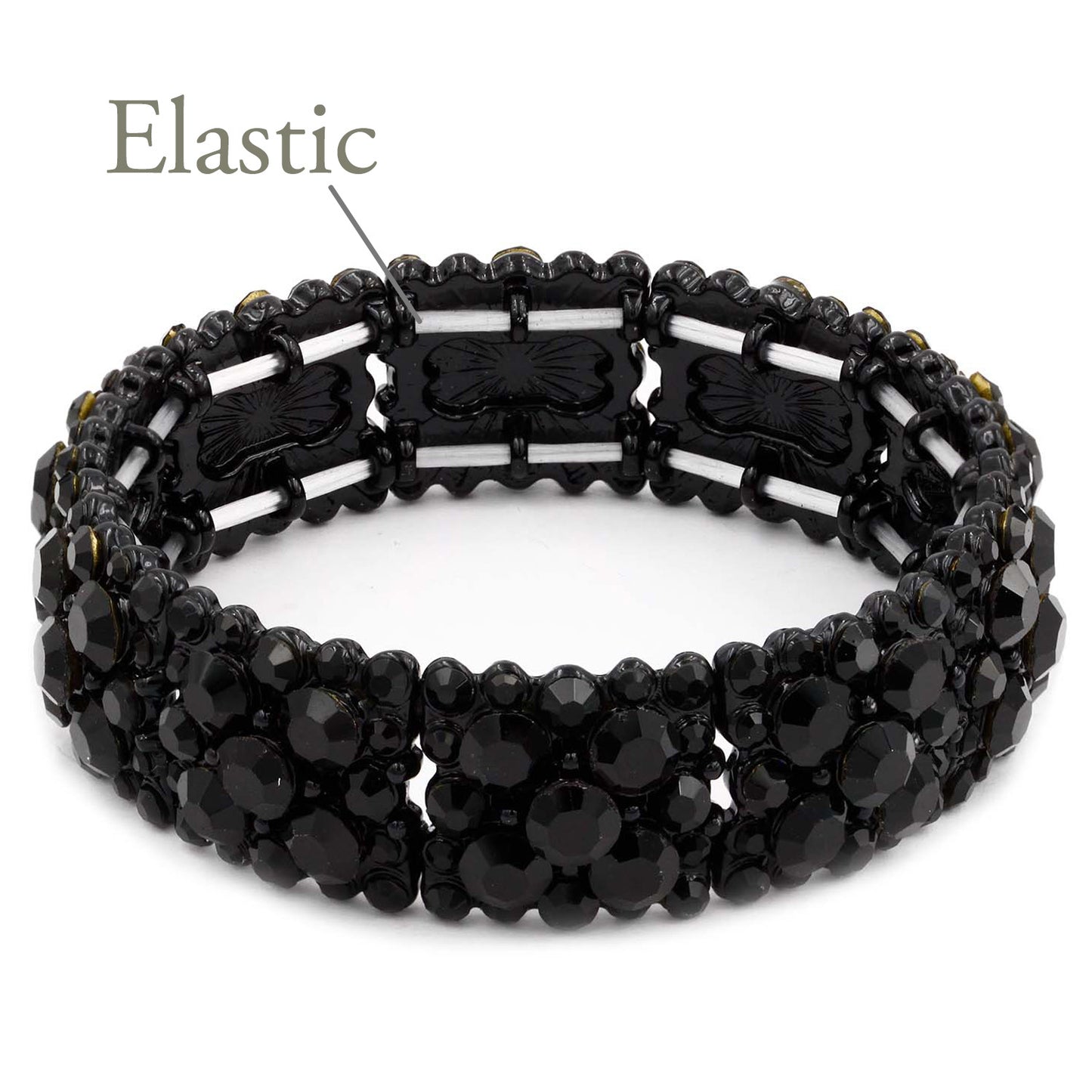 Lavencious Round Shape Rhinestones Elastic Stretch Bracelet Party Jewelry for Women 7"(Black)