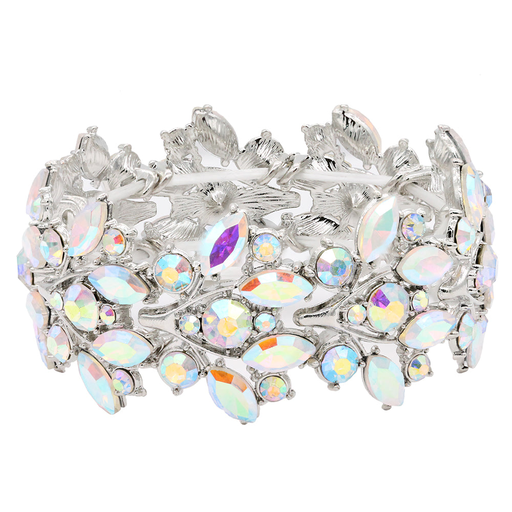 Lavencious Intricate Leaf Design Crystal Stretch Bracelet Bridal Wedding Jewelry for Women 7"