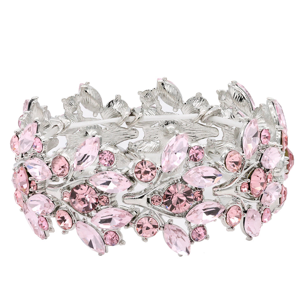 Lavencious Intricate Leaf Design Crystal Stretch Bracelet Bridal Wedding Jewelry for Women 7"