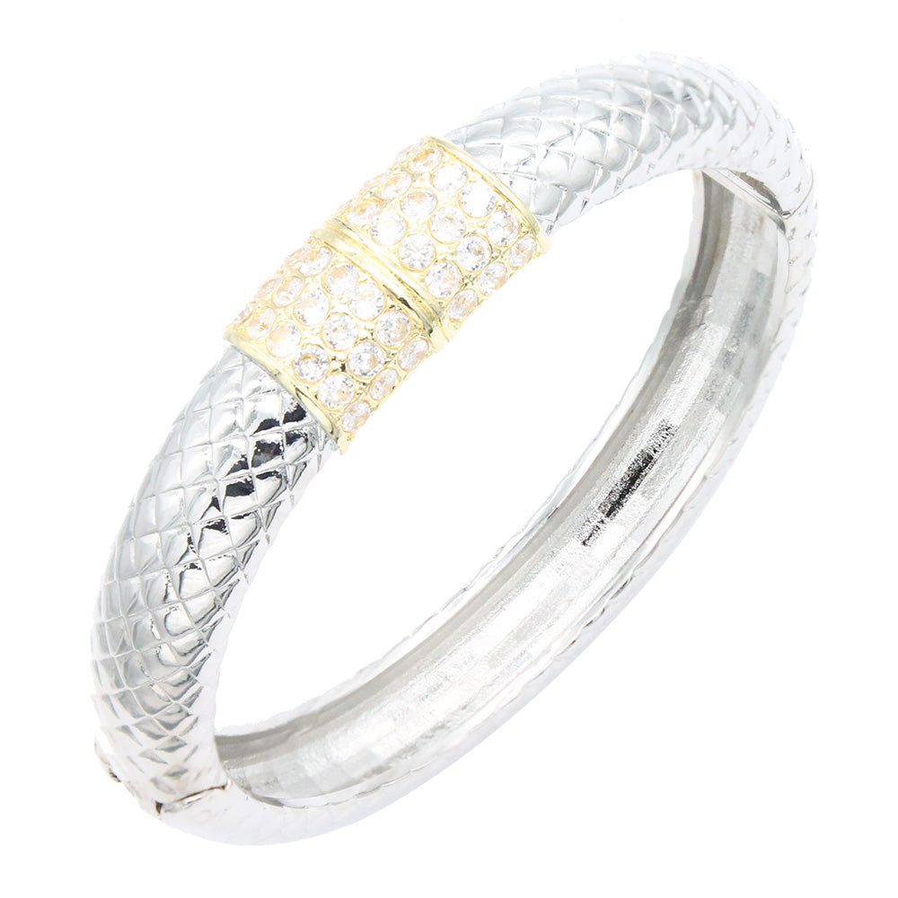Lavencious 14K Gold Plated 2-Tone With Clear CZ Hinged Bangle Bracelets, 7''