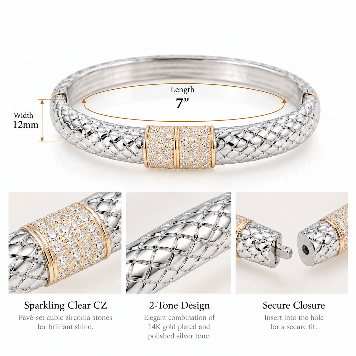 Lavencious 14K Gold Plated 2-Tone With Clear CZ Hinged Bangle Bracelets, 7''