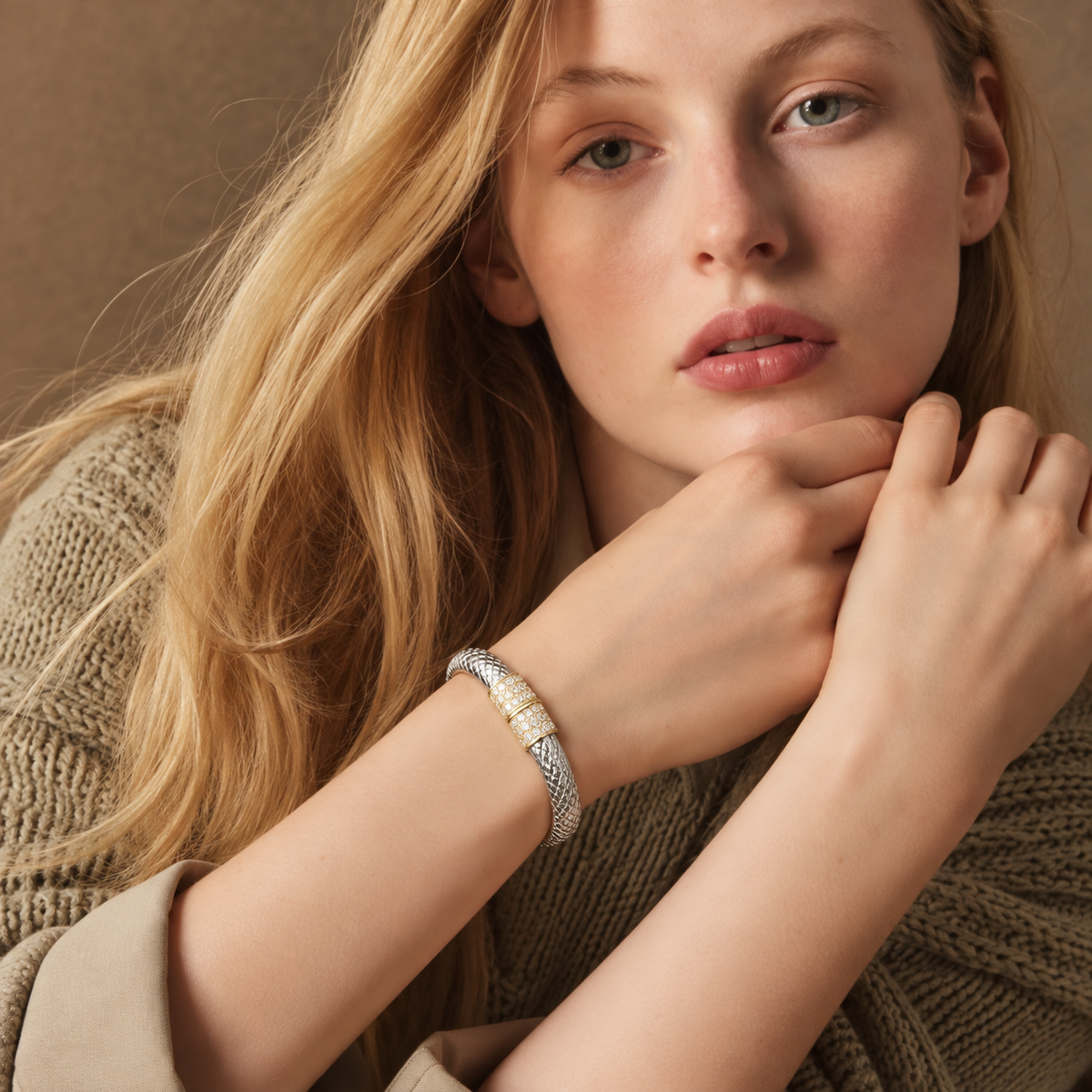 Lavencious 14K Gold Plated 2-Tone With Clear CZ Hinged Bangle Bracelets, 7''