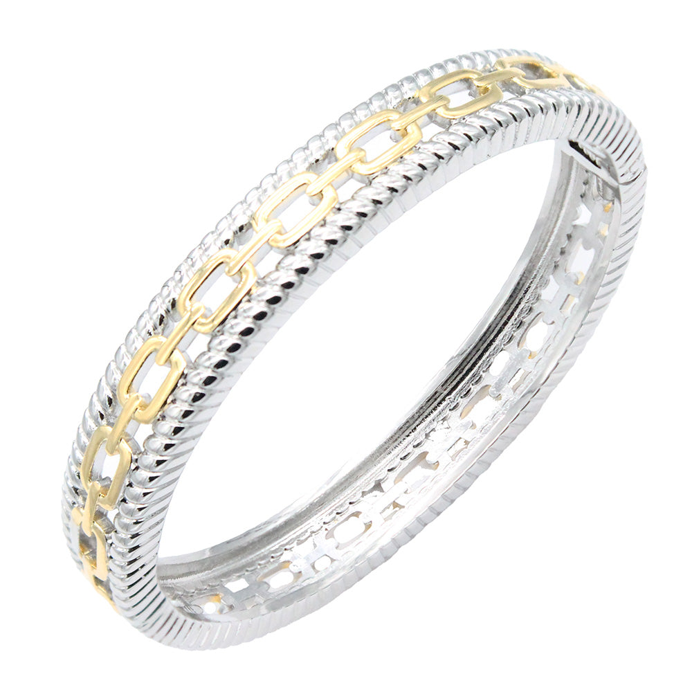 Lavencious 14K Gold Plated 2-Tones Hinged Bangles Bracelets, 7''