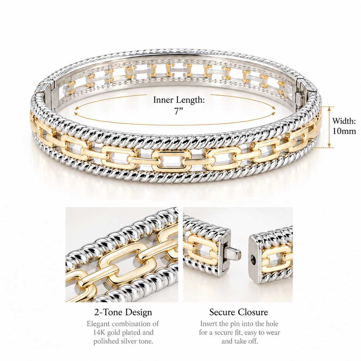 Lavencious 14K Gold Plated 2-Tones Hinged Bangles Bracelets, 7''