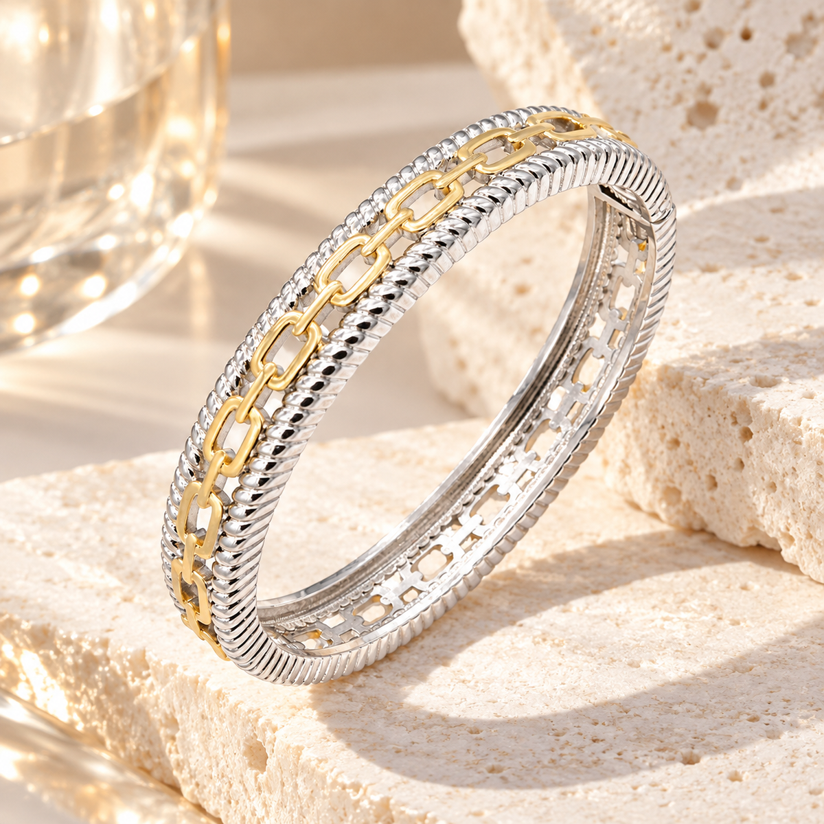 Lavencious 14K Gold Plated 2-Tones Hinged Bangles Bracelets, 7''