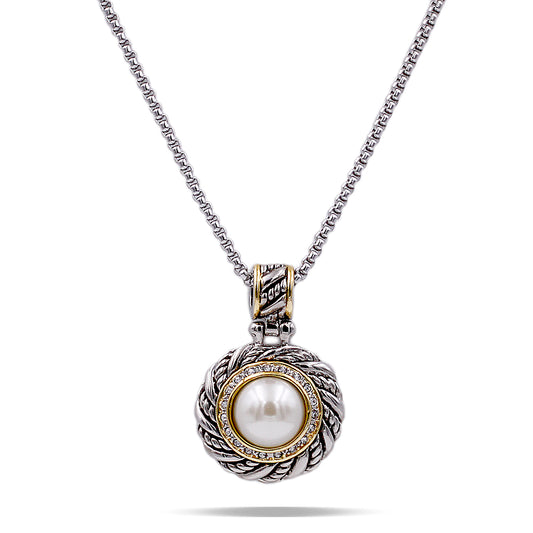 Lavencious Two Tone Plated With Cubic Zirconia with Mother of Pearl Pendant Necklaces