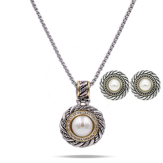 Lavencious Two Tone Plated With Cubic Zirconia with Mother of Pearl Pendant Necklaces and Earrings