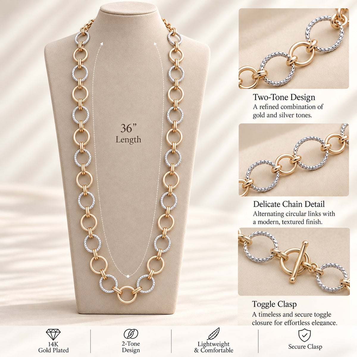 Lavencious 14K Gold Plated Two-Tone Plated Toggle Oval Necklace