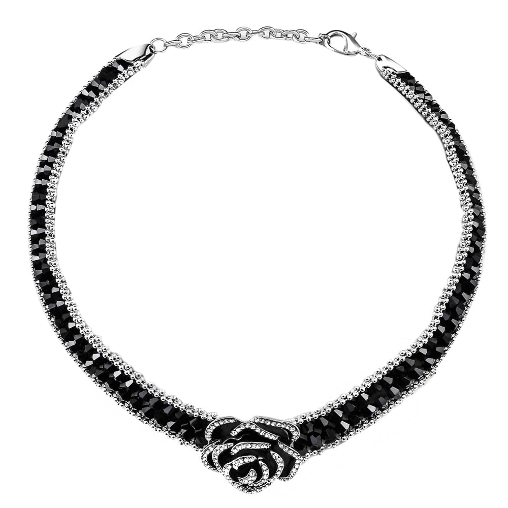 Rose Flower Chocker Necklace Gothic Elegance Black for Women 13" to 15"(Silver Black)