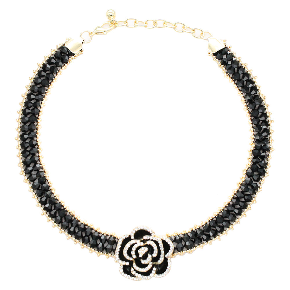 Rose Flower Chocker Necklace Gothic Elegance Black for Women 13" to 15"(Silver Black)