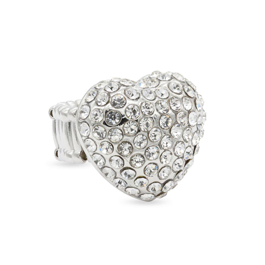 Lavencious Heart Shaped Rhinestones Stretch Rings for Women Size for 7-9(Silver Clear)