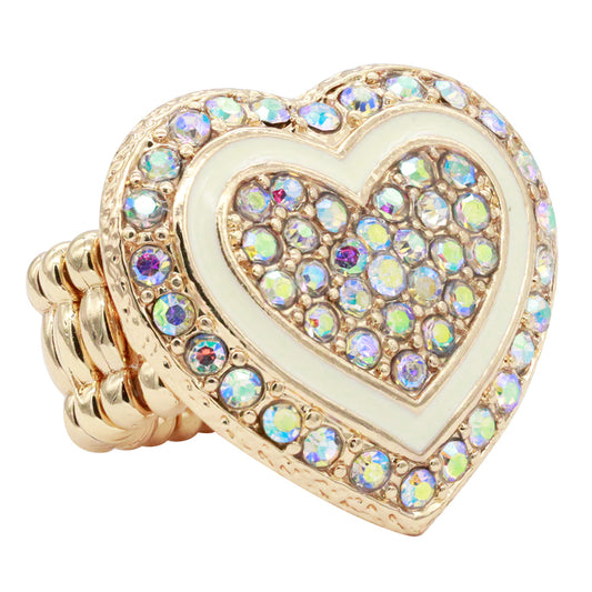 Lavencious Heart Shaped Rhinestones Stretch Rings for Women Size for 7-9(Gold AB)