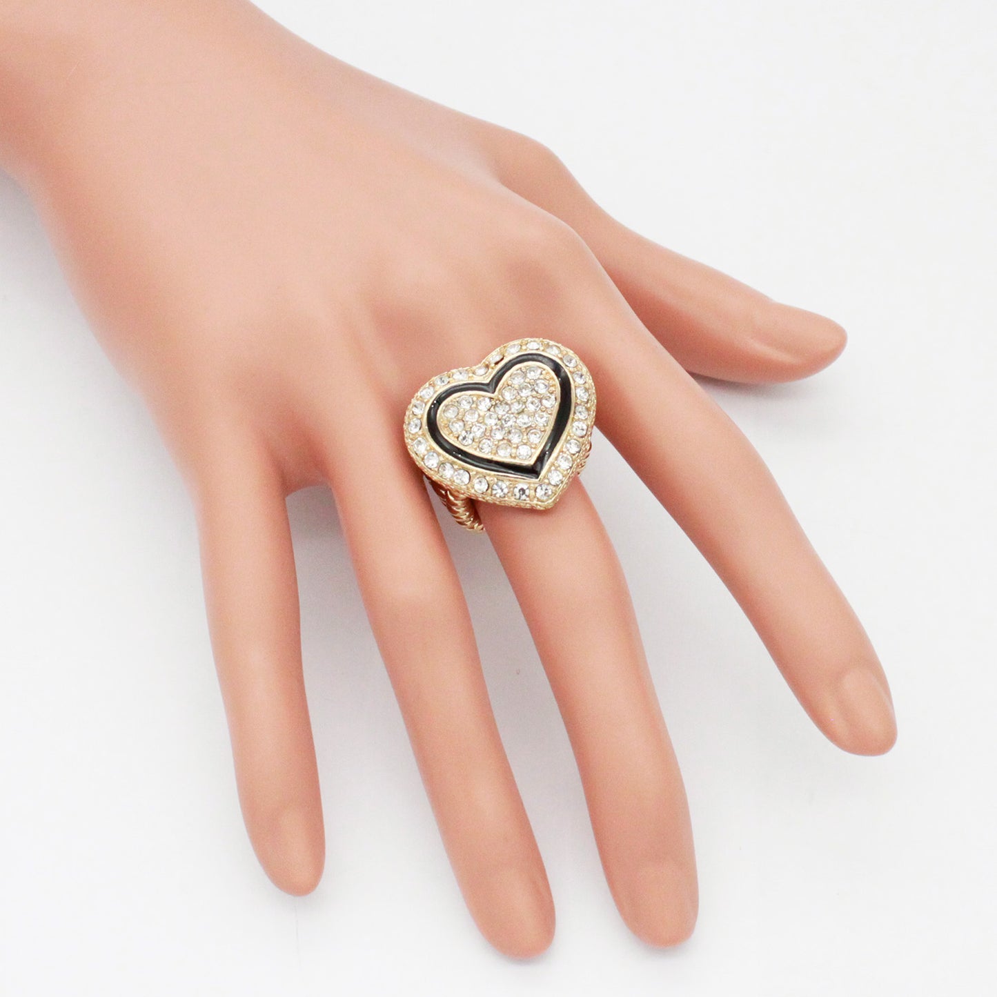 Lavencious Heart Shaped Rhinestones Stretch Rings for Women Size for 7-9(Gold Clear)