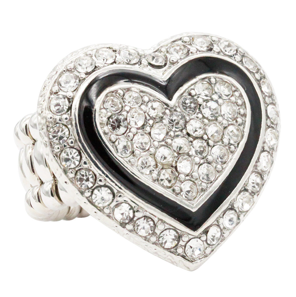 Lavencious Heart Shaped Rhinestones Stretch Rings for Women Size for 7-9 (Silver Clear)