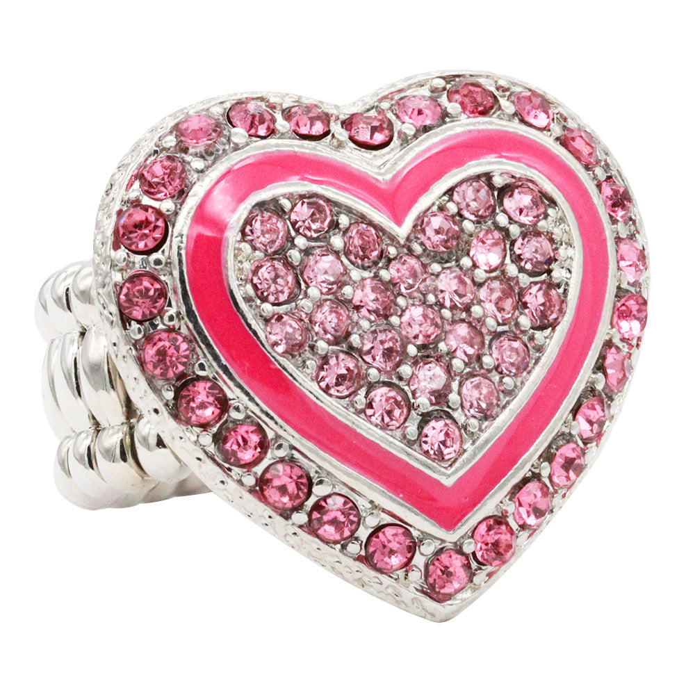 Lavencious Heart Shaped Rhinestones Stretch Rings for Women Size for 7-9(Pink)