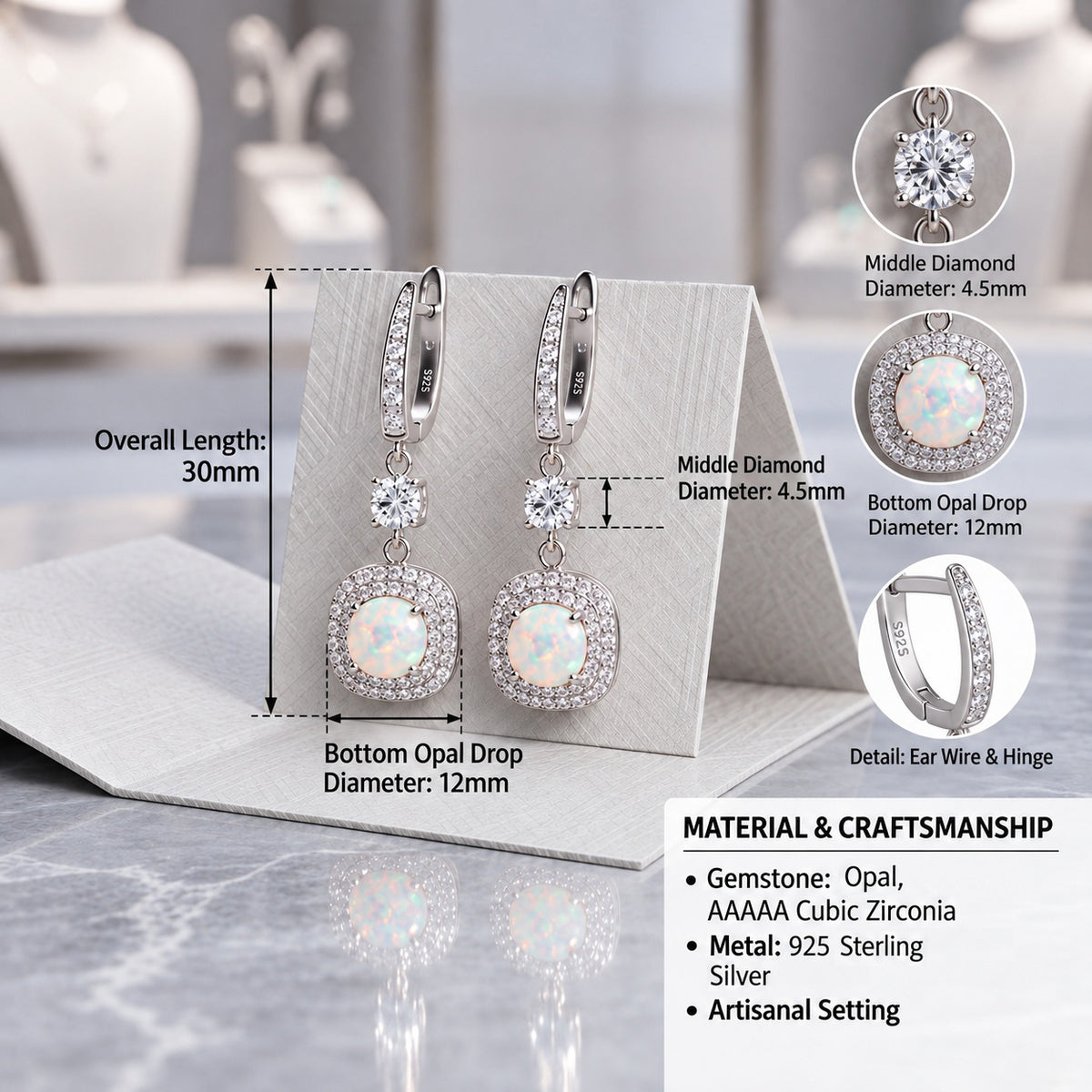 Lavencious Sterling Silver With Square White Opal Earrings