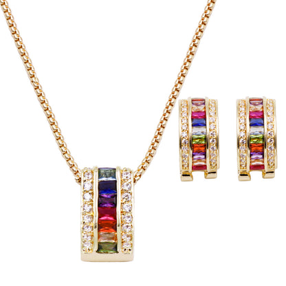 Lavencious Multicolor AAA CZ Necklace & Earrings Jewelry Set Trendy Cubic Zirconia Omega Clip Earring Cable Chain (Multi Color Stone)