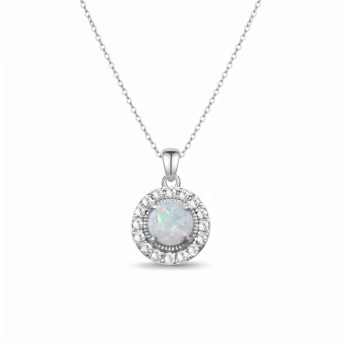 Lavencious Sterling Silver Round White Opal Halo Pendant Necklace with 16"+2" Italian Box Chain
