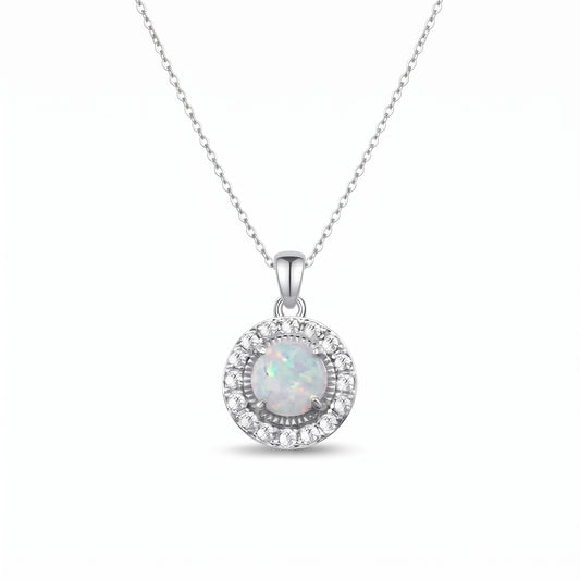 Lavencious Sterling Silver Round White Opal Halo Pendant Necklace with 16"+2" Italian Box Chain