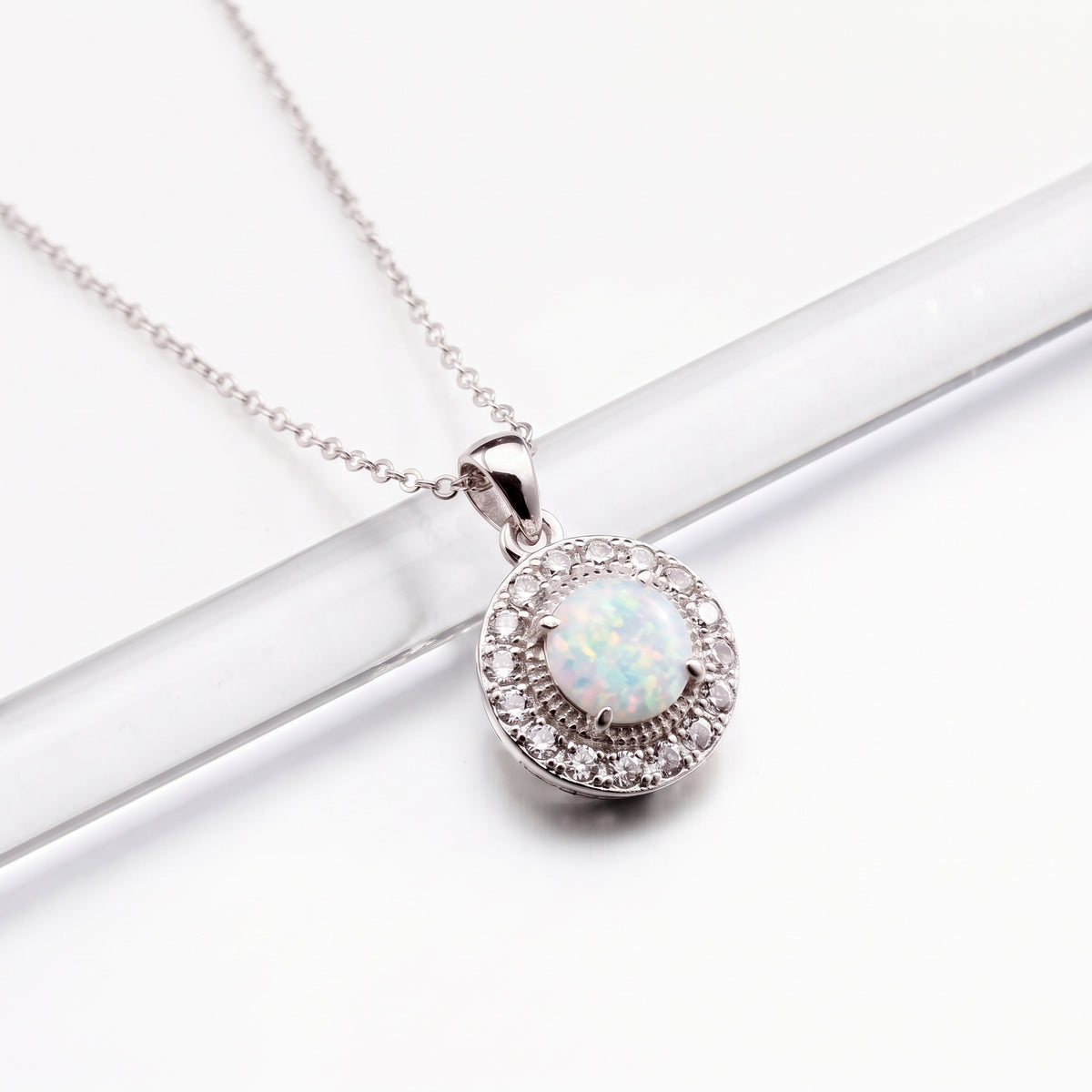 Lavencious Sterling Silver Round White Opal Halo Pendant Necklace with 16"+2" Italian Box Chain