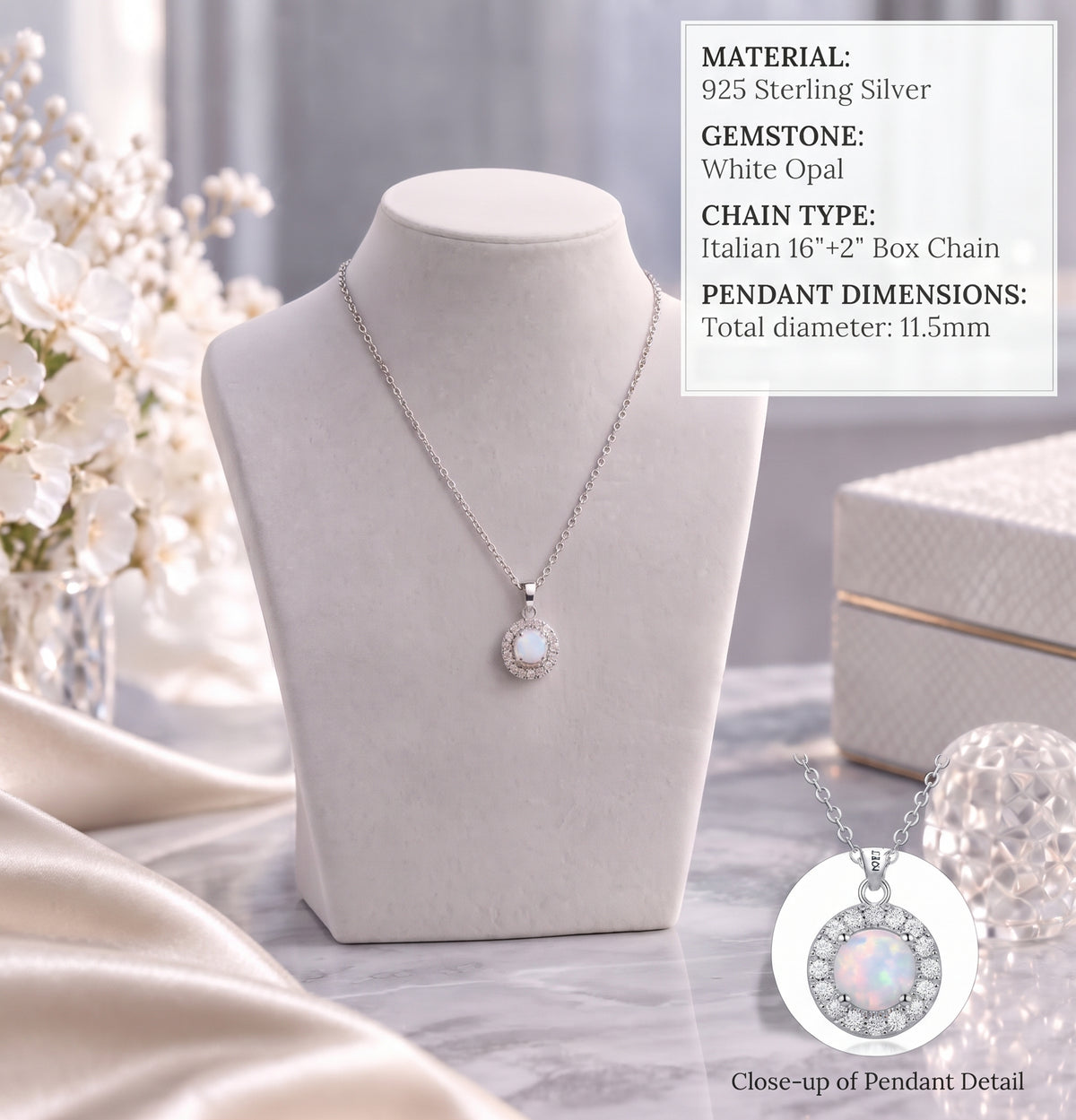 Lavencious Sterling Silver Round White Opal Halo Pendant Necklace with 16"+2" Italian Box Chain
