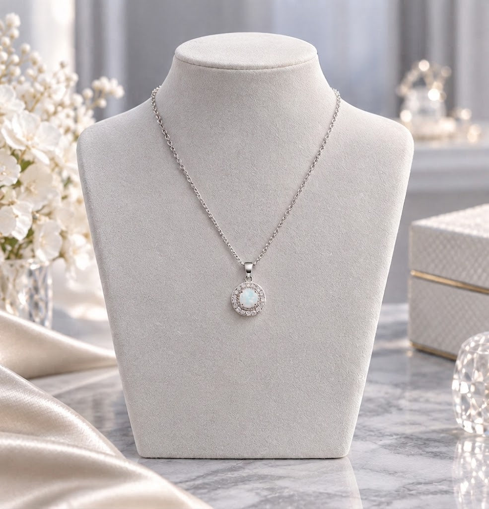 Lavencious Sterling Silver Round White Opal Halo Pendant Necklace with 16"+2" Italian Box Chain