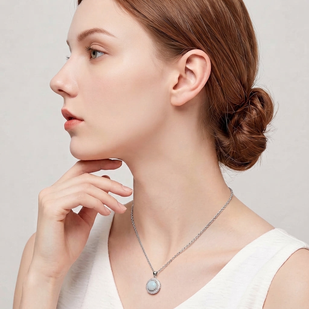 Lavencious Sterling Silver Round White Opal Halo Pendant Necklace with 16"+2" Italian Box Chain