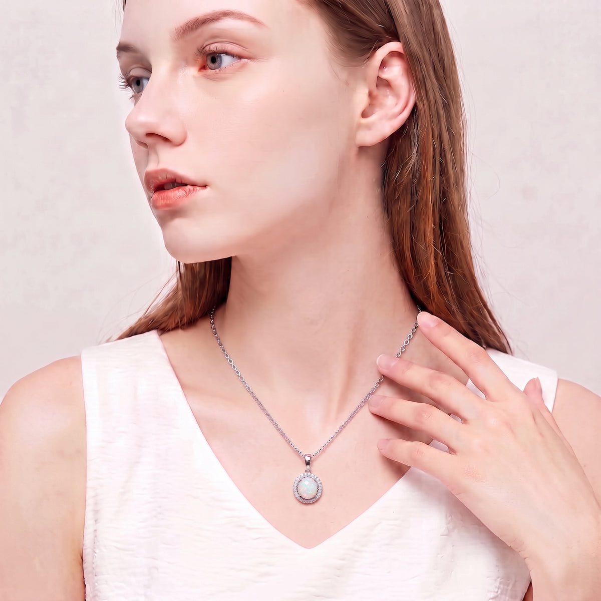 Lavencious Sterling Silver Round White Opal Halo Pendant Necklace with 16"+2" Italian Box Chain