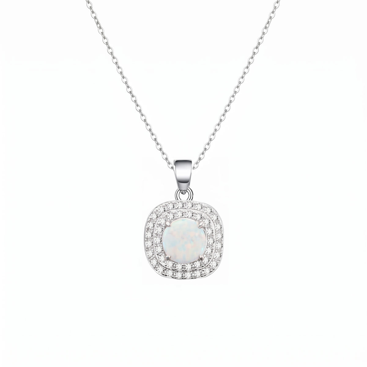 Lavencious Sterling Silver Square White Opal Halo Pendant Necklace with 16"+2" Italian Box Chain