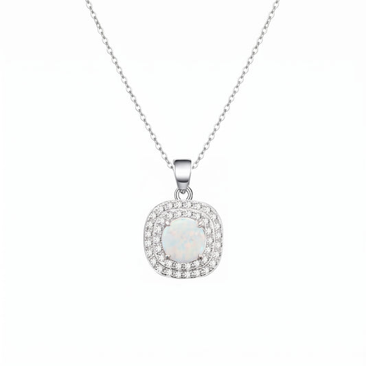 Lavencious Sterling Silver Square White Opal Halo Pendant Necklace with 16"+2" Italian Box Chain