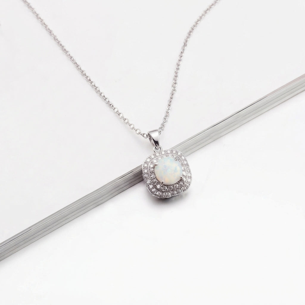 Lavencious Sterling Silver Square White Opal Halo Pendant Necklace with 16"+2" Italian Box Chain
