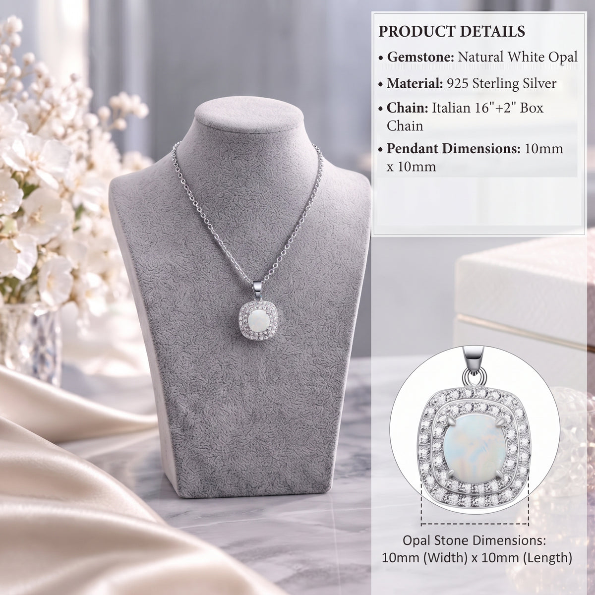 Lavencious Sterling Silver Square White Opal Halo Pendant Necklace with 16"+2" Italian Box Chain