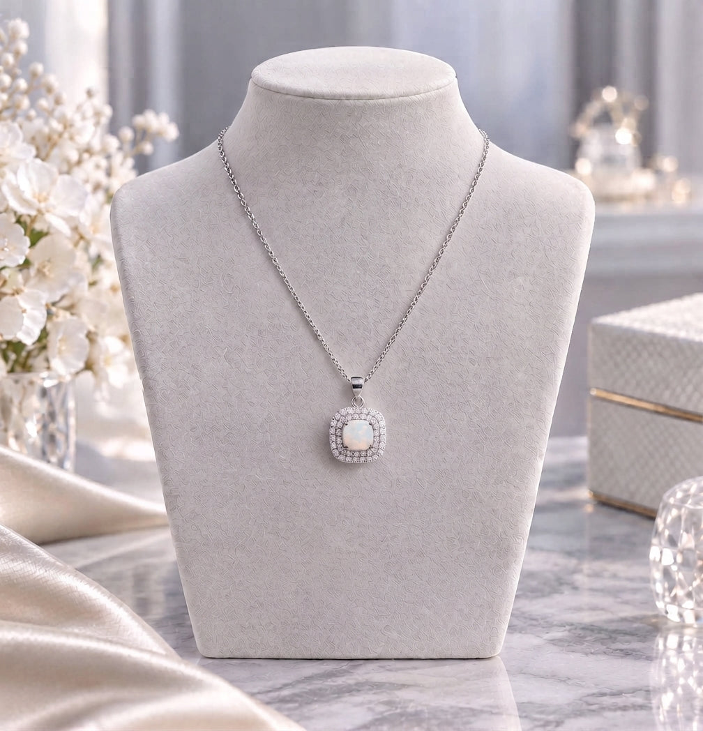 Lavencious Sterling Silver Square White Opal Halo Pendant Necklace with 16"+2" Italian Box Chain