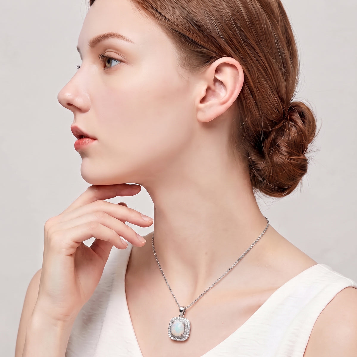 Lavencious Sterling Silver Square White Opal Halo Pendant Necklace with 16"+2" Italian Box Chain