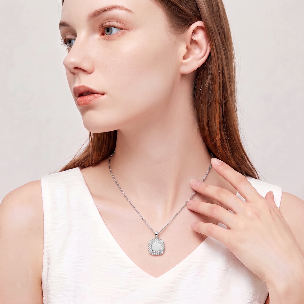 Lavencious Sterling Silver Square White Opal Halo Pendant Necklace with 16"+2" Italian Box Chain