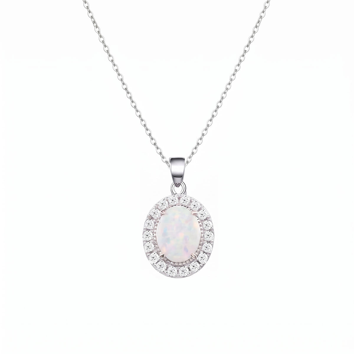 Lavencious Sterling Silver Oval White Opal Halo Pendant Necklace with 16"+2" Italian Box Chain
