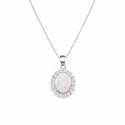 Lavencious Sterling Silver Oval White Opal Halo Pendant Necklace with 16"+2" Italian Box Chain